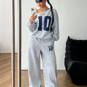 Asymmetric Collar Digital Print Sweatshirt & Wide-Leg Jogger Set - Modern 2-Piece Outfit