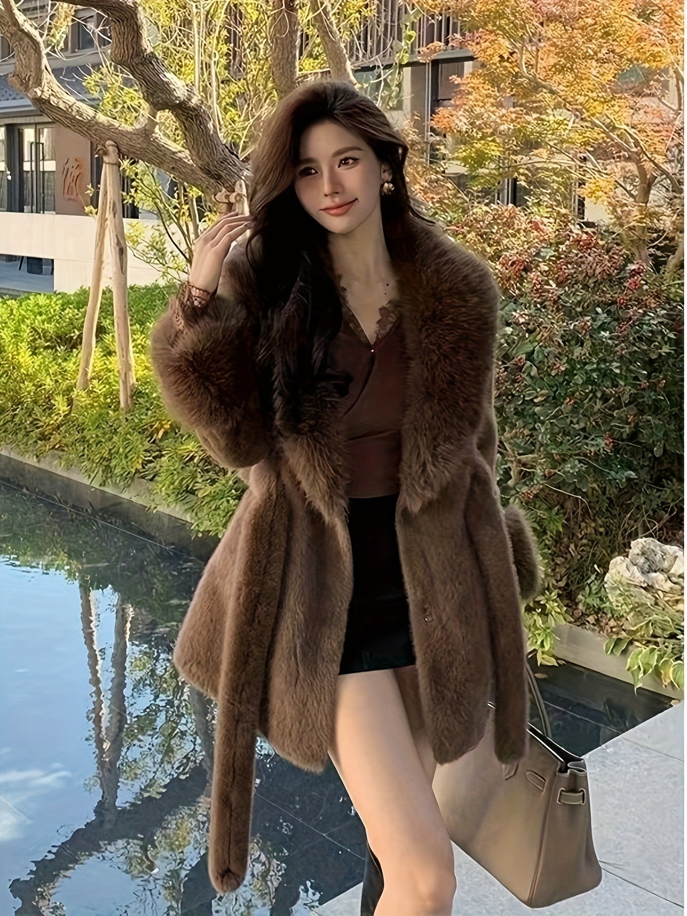 Mid-Length Belted Faux Fur Coat