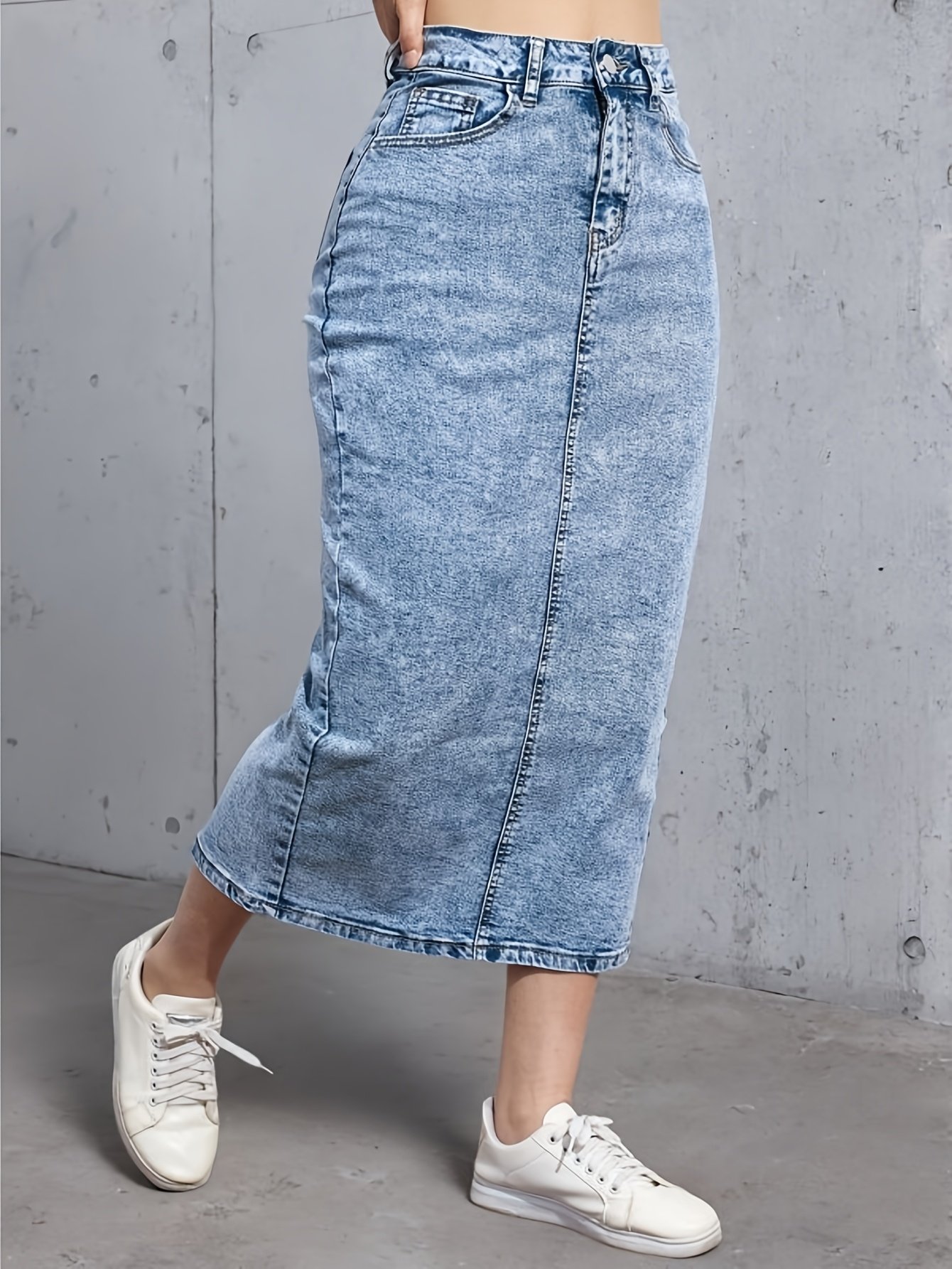 High-Waisted Bodycon Denim Midi Skirt View