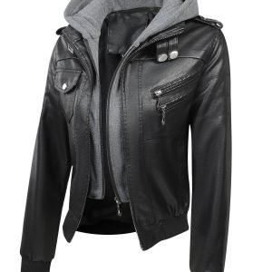 Women's Vintage-Style PU Leather Jacket Windproof Tear- with Detachable Hood Casual Outdoor Riding Jacket High Quality