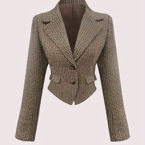 Women'S Elegant Houndstooth Blazer - Long Sleeve Tailored Jacket with Structured Fit, Brown Tartan Pattern, Single-Breasted Button Front, Fall/winter Office & Casual Outerwear, Fall Fashion, Classic Design, Stylish Coat, Fashion Lovers