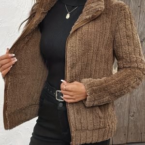 Women's Plush Coffee Brown Full-Zip Jacket