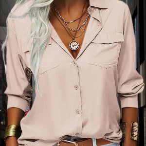 Women's Solid Lapel Button Blouse - Casual Office Top
