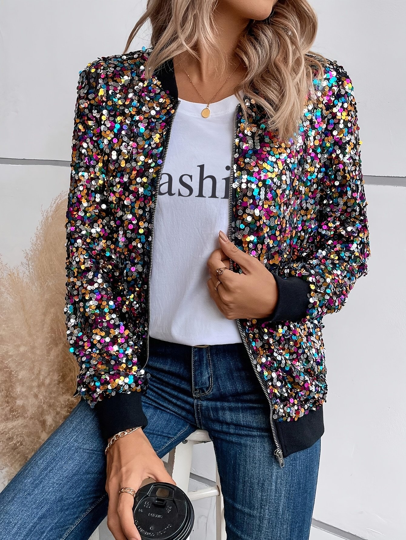 Sequin-Adorned Polka Dot Bomber Jacket