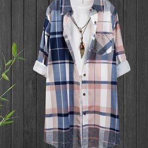 [Korean Fashion | New Style] Plus Size - Plus Size - Plus Size Mid-Length Checkered Print Women's Blouse | Casual Long Sleeve Single-Button Shirt