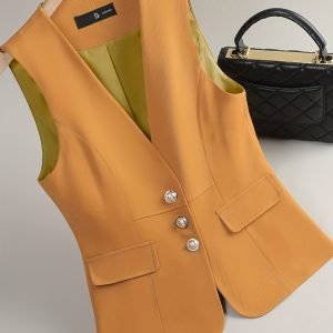 Solid Color Button Front Vest - Elegant V-Neck Sleeveless Vest for Women - Suitable for Spring/Summer