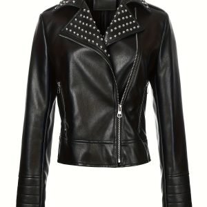 Heavy-duty PU Leather Zipper Pilot Jacket, Spring/autumn Street Style Long-sleeve Motorcycle Jacket, Women's Top, Women's Clothing