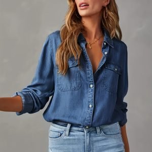 ZAFUL Women's Long Sleeve Lapel Collar Single Breasted Button Front Denim Shirt - Casual Business Solid Color Work Shirt with Chest Pockets, Machine Washable All-Season Versatile Office & Casual Wear, Durable Fabric, Refined Fit