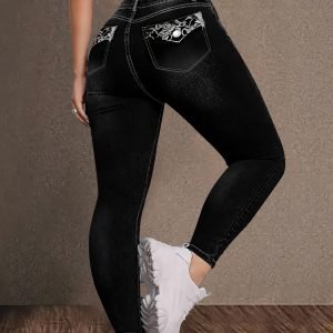 Women's High-Waisted Slim Fit Denim Jeans with Geometric Embroidery Back Pocket & Decorative Buttons - Stretchy Cotton Streetwear Pants for Casual Outings