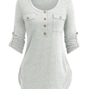 Women's Casual Round Neck Pullover - Long Sleeve Shirt with Pockets