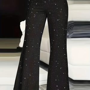 Elegant Black Flared Pants - Starry Sky Pattern | Stretch Polyester Fabric, Suitable for All Seasons, Adult Fashion, Stylish Wide-leg Pants - Starry Sky Pattern Stretch Fabric