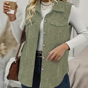 Plus Size - Plus-Size Women'S Solid Color Button-Front Corduroy Vest - an Elegant Sleeveless Top with a Curved Hem - Women'S Clothing