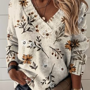 [3D Floral Sweater] Women's 3D Floral Print V-Neck Sweater - Soft All-Season Knitwear for Casual & Formal Wear | Brown & Beige Floral Pattern | Youthful Layering Piece | Trendy Detailed Design | High-Quality Material