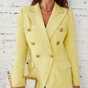 Plus Size - Plus Size - Fashionable Thick Herringbone Blazer, Double-Breasted Design, Creating Elegant Commuter Style