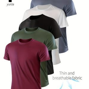 5pcs Assorted Deep Red-Army Green-Black-White-Gray, Ultra-Light Men'S Round Neck T-Shirts - Quick-Dry, Breathable, Sweat-Absorbing Shirts, Suitable for Fitness, Gym, And Running, Lightweight And Comfortable, Sweat-Resistant