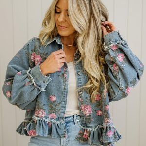 European And American Retro Washed Denim Printed Jacket, Loose-Fit Long-Sleeve Fashion Women'S Outerwear