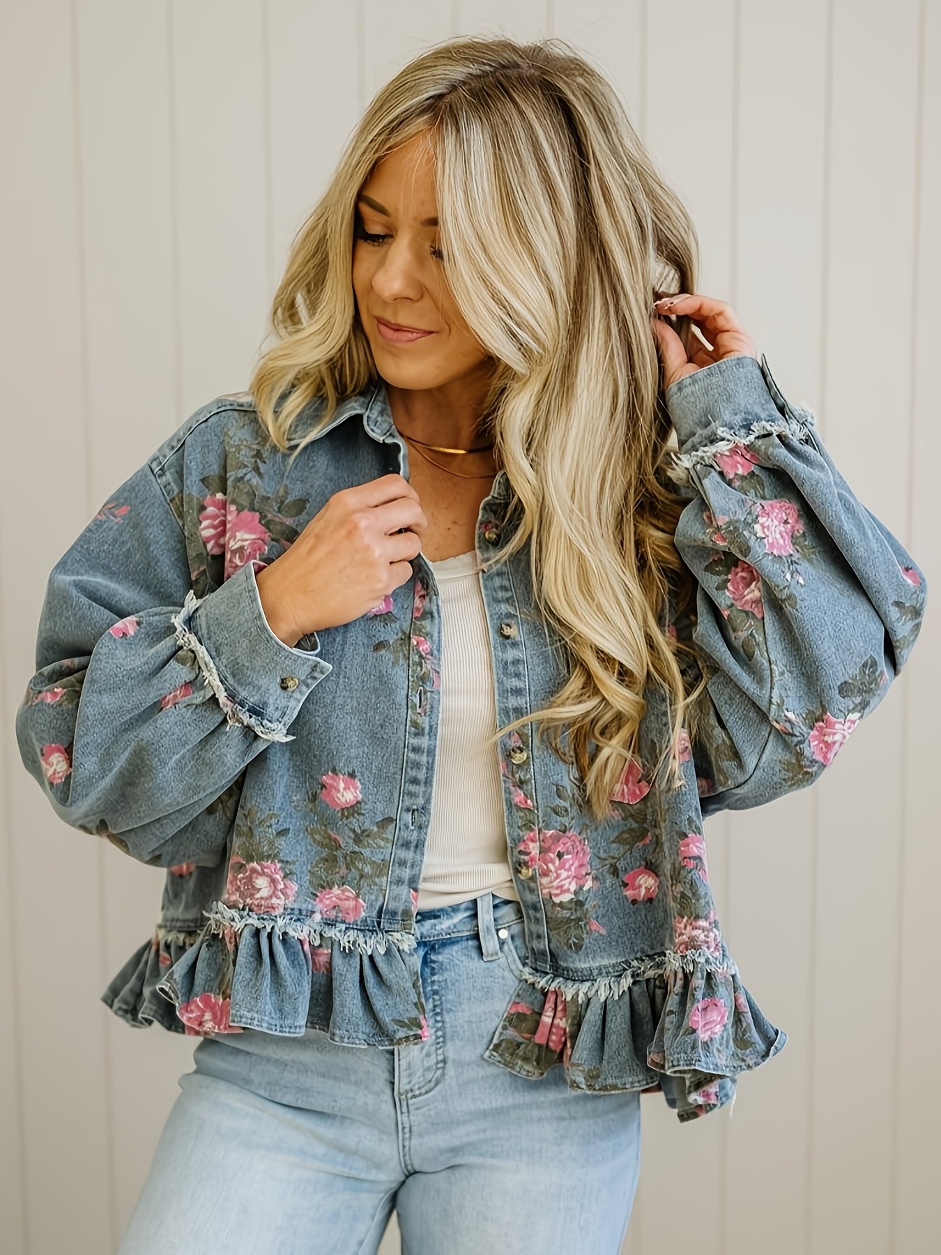 Retro Washed Denim Printed Jacket Front View