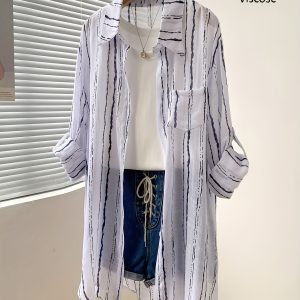 [Long Sleeve Striped Cardigan] Women's Lightweight Semi-Sheer Striped Long Sleeve Shirt - Relaxed Fit Collar Button-Up Cardigan with Pockets | All-Season Casual Chic Office Wear | Summer Outerwear, Wide Sleeve Design | Machine Washable Loose Fit Blouse, Subtle Pattern Detail