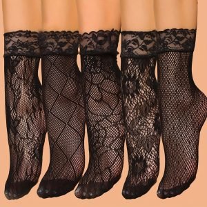 5-Pair Women's Elegant Floral Print Lace Trim Ankle Socks - Breathable Mesh Short Socks