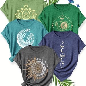 Women's 5-Pack Retro Floral and Moon Print T-Shirts - Stylish Summer Casual Tees
