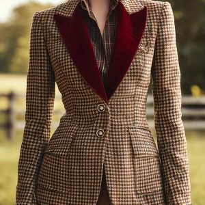 Retro Velvet Houndstooth Single-Breasted Blazer - Women's Jacket