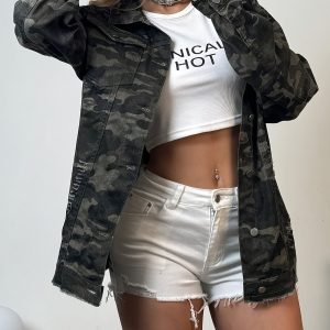 Women's Camo Print Long Sleeve Denim Jacket - Classic Retro Style with Multiple Pockets, Non-Stretch Fabric, Perfect for Outdoor Casual Wear