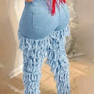 Plus Size Women's High Waist Stretchy Skinny Jeans - Solid Blue Denim, Leg Paneled with Fringe Layers & Frayed Edges, Retro Casual Fashion, Versatile for Parties & All-Season Outings
