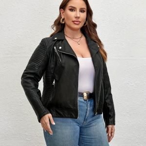 Plus Size, Women's Plus Size PU Leather Jacket Casual Versatile Short PU Motorcycle Jacket