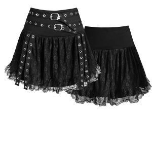 Y2K Gothic Lace Mini Skirt - Metal Eyelet A-Line Design