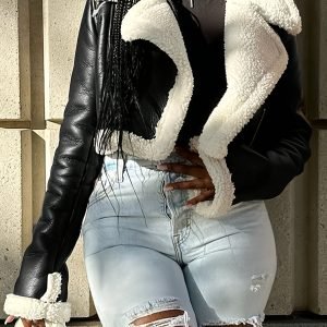 Street Vintage Lapel Zipper, Roll-Up Cuffs, Teddy Lined PU Leather Motorcycle Jacket