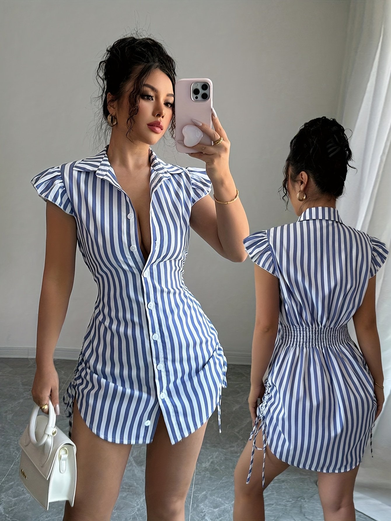 Elegant Blue Striped Shirt Dress Front View