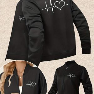 [Heart & Stethoscope Bomber Jacket] Women's Black Themed Bomber Jacket with Heart & Stethoscope Patches - All-Season Zip-Up Coat, Casual for Nurses, Doctors - Machine Washable Outerwear