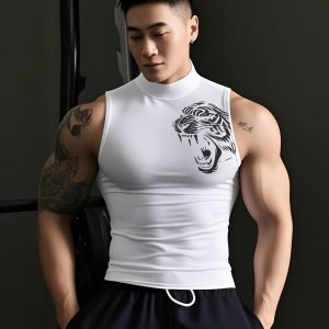 Men's Tiger Print Fitness Vest, Quick-Dry Basketball Vest, High-Neck High-Stretch Body Suit, Training Sleeveless T-Shirt