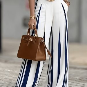 Women's Navy & White Striped Wide-Leg Pants - Elegant Office Style