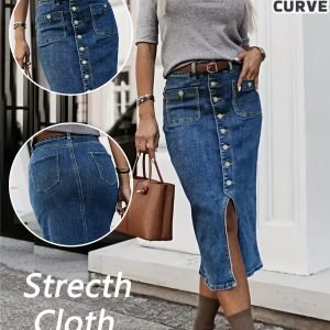 Plus Size High Waisted Denim Skirt - Blue Button-Front Style