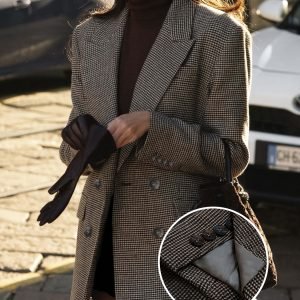 Plus Size Casual Double-Breasted Blazer with Lapel, Loose Fit Midi Houndstooth Tweed Coat, Elegant British Style One-Piece Versatile Outerwear