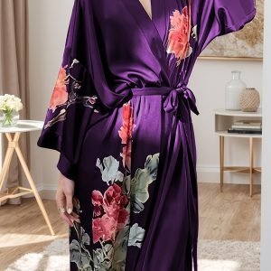 Plus Size Floral Satin Robe - Elegant Mid-Length Home Dress