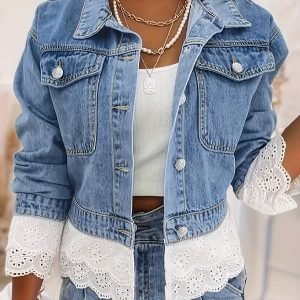 Women'S Fashionable Lace Trimmed Short Denim Jacket - Casual Long Sleeve Denim Jacket with Flap Pockets, Front Button, Suitable for Spring And Autumn