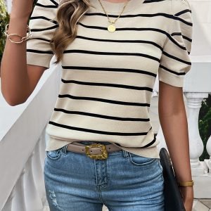 Women's Striped Short-Sleeved Knit Sweater