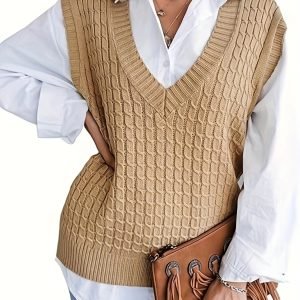 Women's V-Neck Vest Sweater - 100% Acrylic Stretchy Lightweight 200gsm, Elegant Solid Color Casual Outerwear for Spring/Fall, Plus Size Friendly