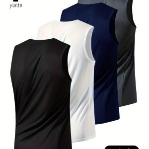 A Set of Four Men'S Athletic Sleeveless Shirts Available in Black, White, Gray, And Navy Blue. They Feature a Loose Fit, Quick-Drying Fabric, And a Round Neck Design, Made from Polyester. Ideal for Gym Training And Casual Sportswear for Young Men