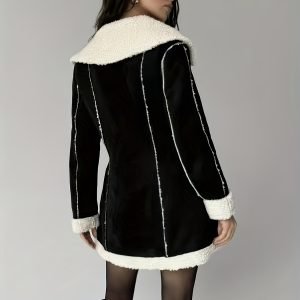 Women'S Fall Winter Mid-Length Slant Zipper Lapel Fashion Coat, Patchwork Faux Shearling Warm Jacket, Reindeer Velvet Thick Elegant Outerwear