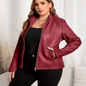 Plus Size - Plus Size - Women'S Plus Size Faux Leather Jacket Casual Versatile Short PU Motorcycle Jacket