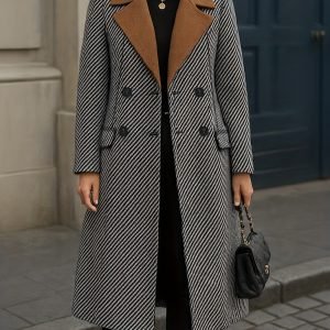 Double-Breasted Herringbone Contrast Trench Coat - Long Overcoat