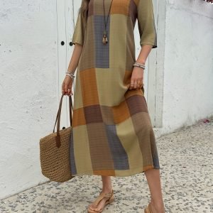 Casual A-Line Plaid Midi Dress