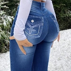 Washed Blue Skinny Denim Long Pants - Women's High-Waisted, Embroidered Faux Flip Pockets, Multi-Button Closure, Trendy Street Chic & All-Season Versatile