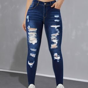 Women's Stretch Slim Distressed Jeans - Mid-Rise Knee Rips Style