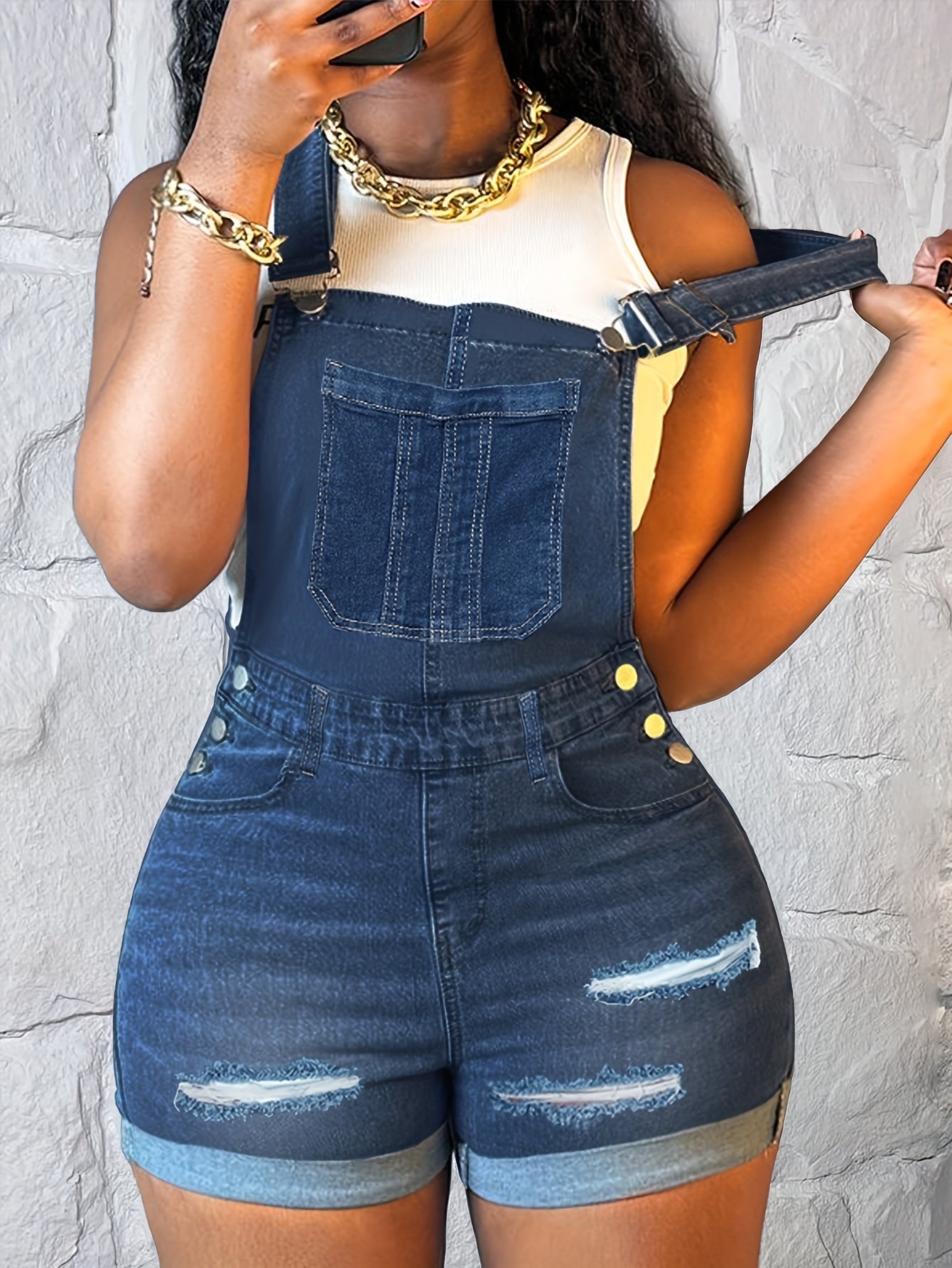 Sleeveless Denim Romper with Ripped Details