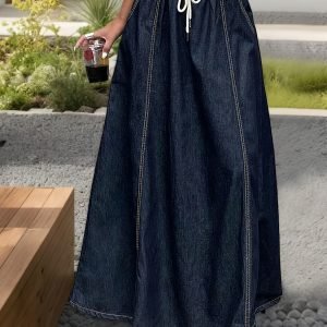 Women's Denim Tie-Waist High-Waisted Maxi Skirt - A-Line Swing Style
