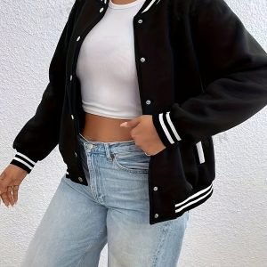 [Plus Size Bomber Jacket] Plus Size • EZwear Plus • Drop Shoulder Bomber Jacket | Striped Trim